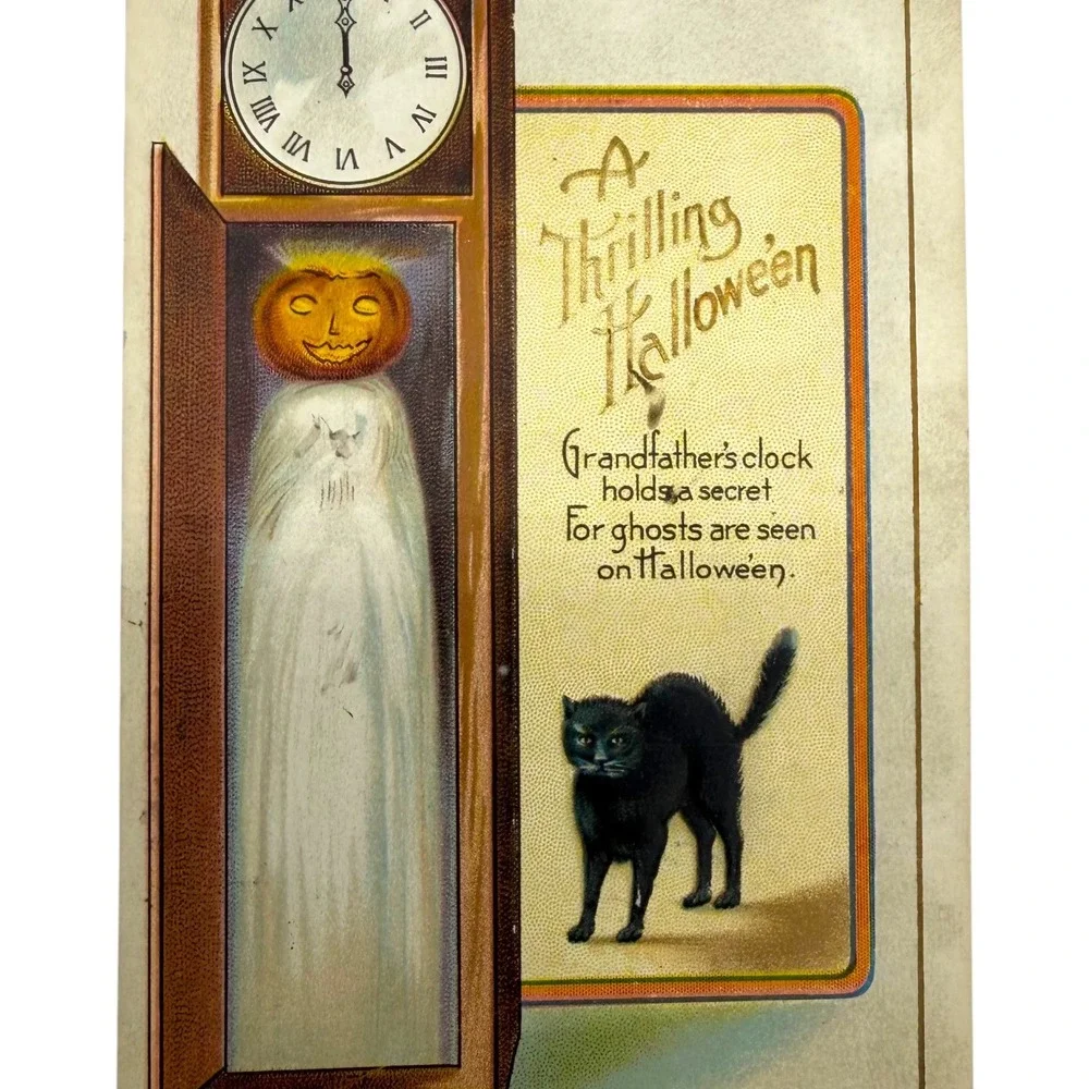 Vintage Halloween Postcard Black Cat Pumpkin Ghost Grandfather Clock Fair Used